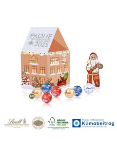 3D Präsent Weihnachtshaus Lindt Santa & Lindt Minis (ab 100 Stück)