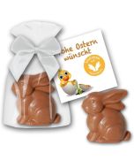 Kleiner Schokohase im Beutel mit Karte zu Ostern als Werbegeschenk